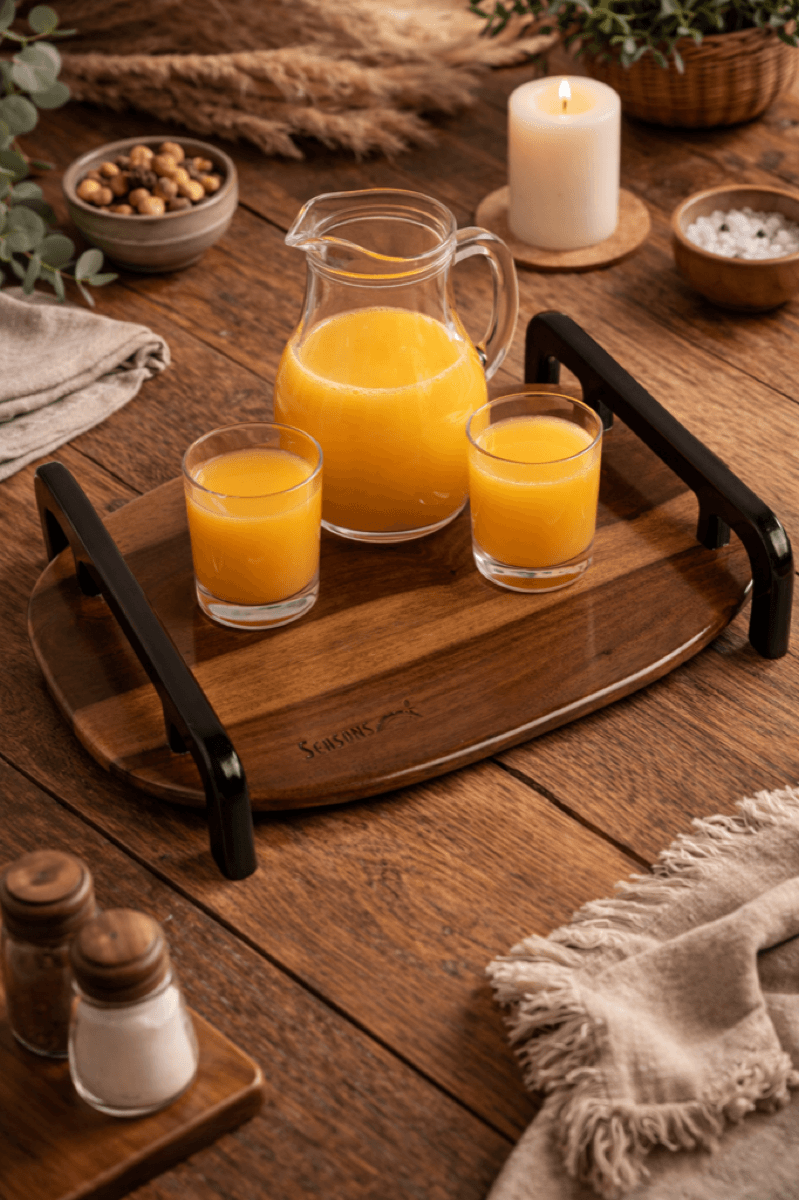 Wooden Tray with Black Handle